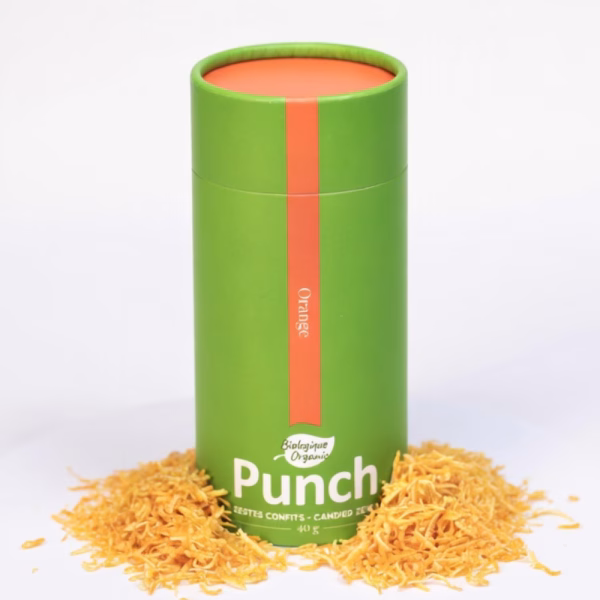 40 g tube of Punch organic candied orange zest on a bed of zest