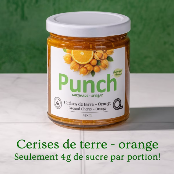 Pot de tartinade biologique de cerises de terre et orange Punch, 4 g de sucre par portion