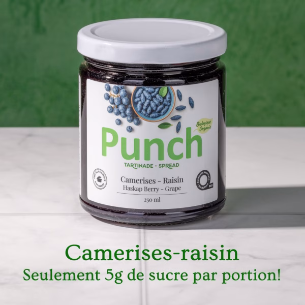 Pot de tartinade biologique de camerises et raisin Punch, 5 g de sucre par portion