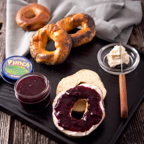 Bagels with cream cheese and Punch organic wild blueberry and pomegranate spread