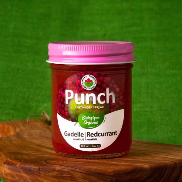 Tartinade biologique Punch à la gadelle et à la mangue en pot de verre